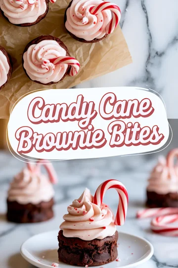 Collage of frosted brownie bites with pink peppermint buttercream and candy canes, arranged on parchment paper and plates with a “Candy Cane Brownie Bites” label in red text.
