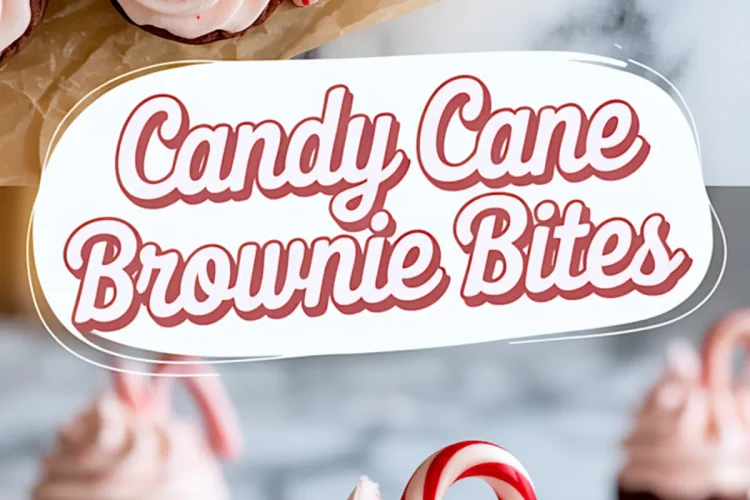 Collage of frosted brownie bites with pink peppermint buttercream and candy canes, arranged on parchment paper and plates with a “Candy Cane Brownie Bites” label in red text.