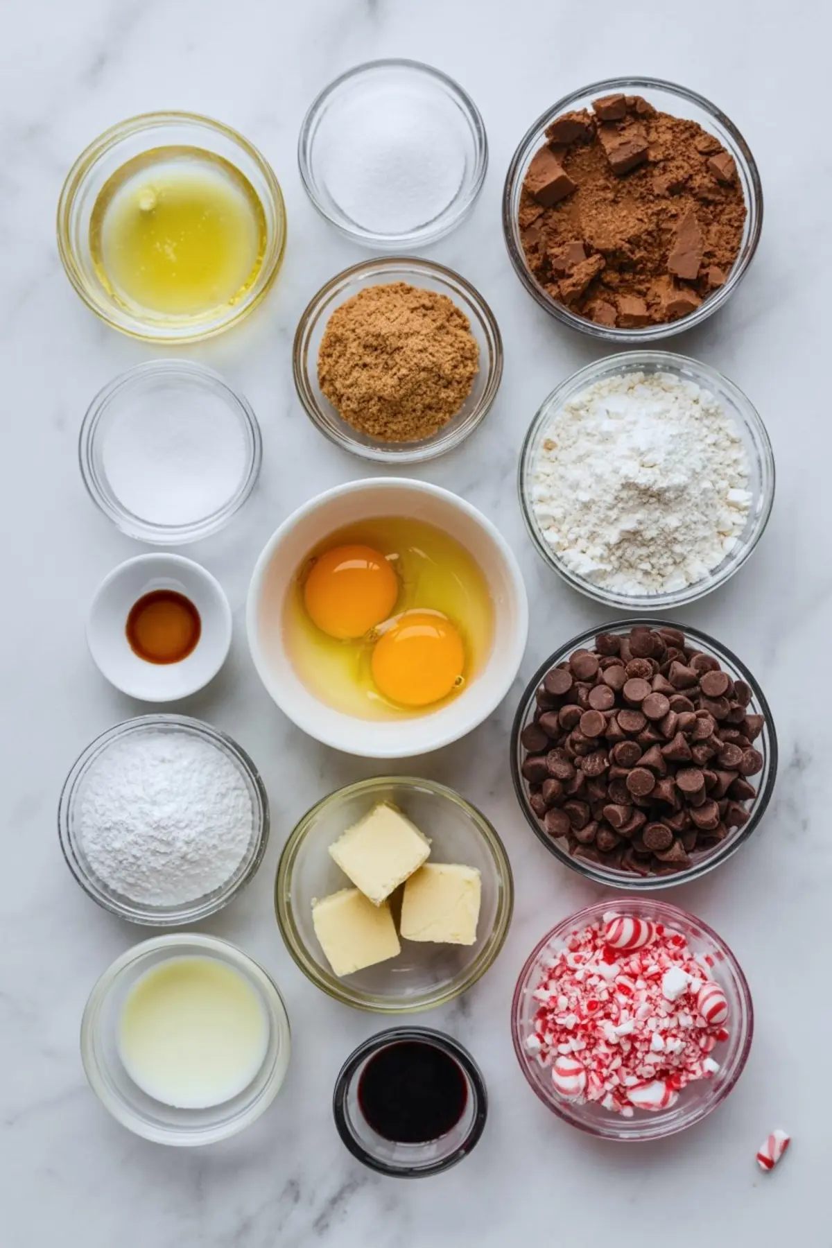 Flat lay of baking ingredients in glass bowls, including eggs, butter, sugar, cocoa powder, chocolate chips, flour, vanilla extract, and crushed peppermint candies.

