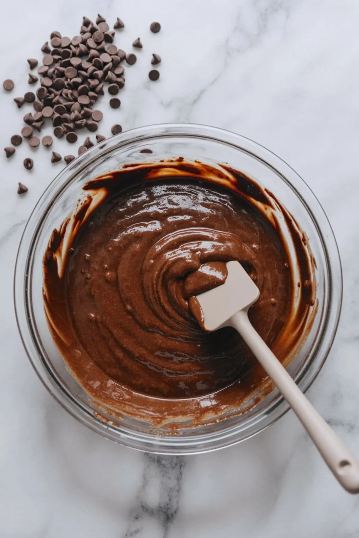 Chocolate brownie batter being mixed in a glass bowl with a silicone spatula, surrounded by scattered chocolate chips.

