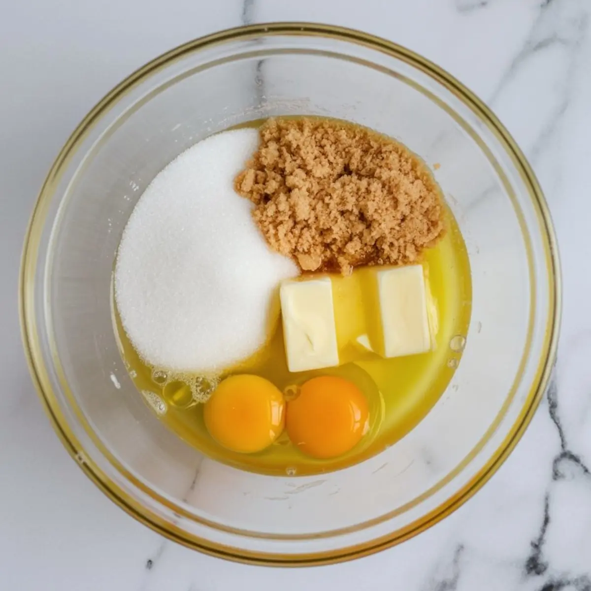 Butter, brown sugar, granulated sugar, and eggs combined in a glass mixing bowl on a marble surface before mixing.
