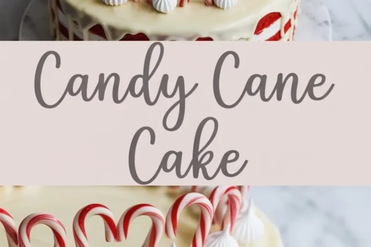 Christmas-themed cake with alternating red velvet and white layers, finished with white chocolate drip, piped meringue kisses, and mini candy canes arranged in heart shapes, shown from above and from the side.