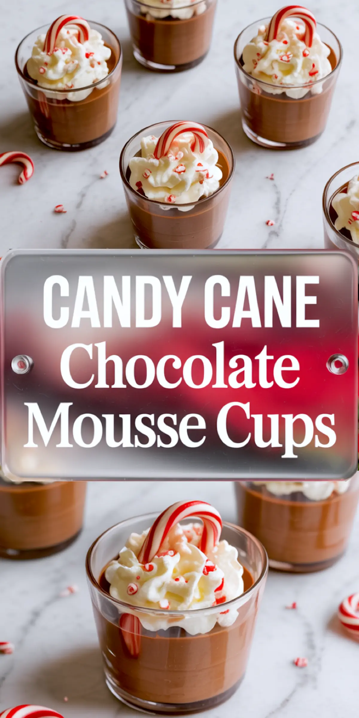 Candy cane chocolate mousse cups topped with whipped cream and crushed peppermint, arranged on marble with a bold text label in the center.