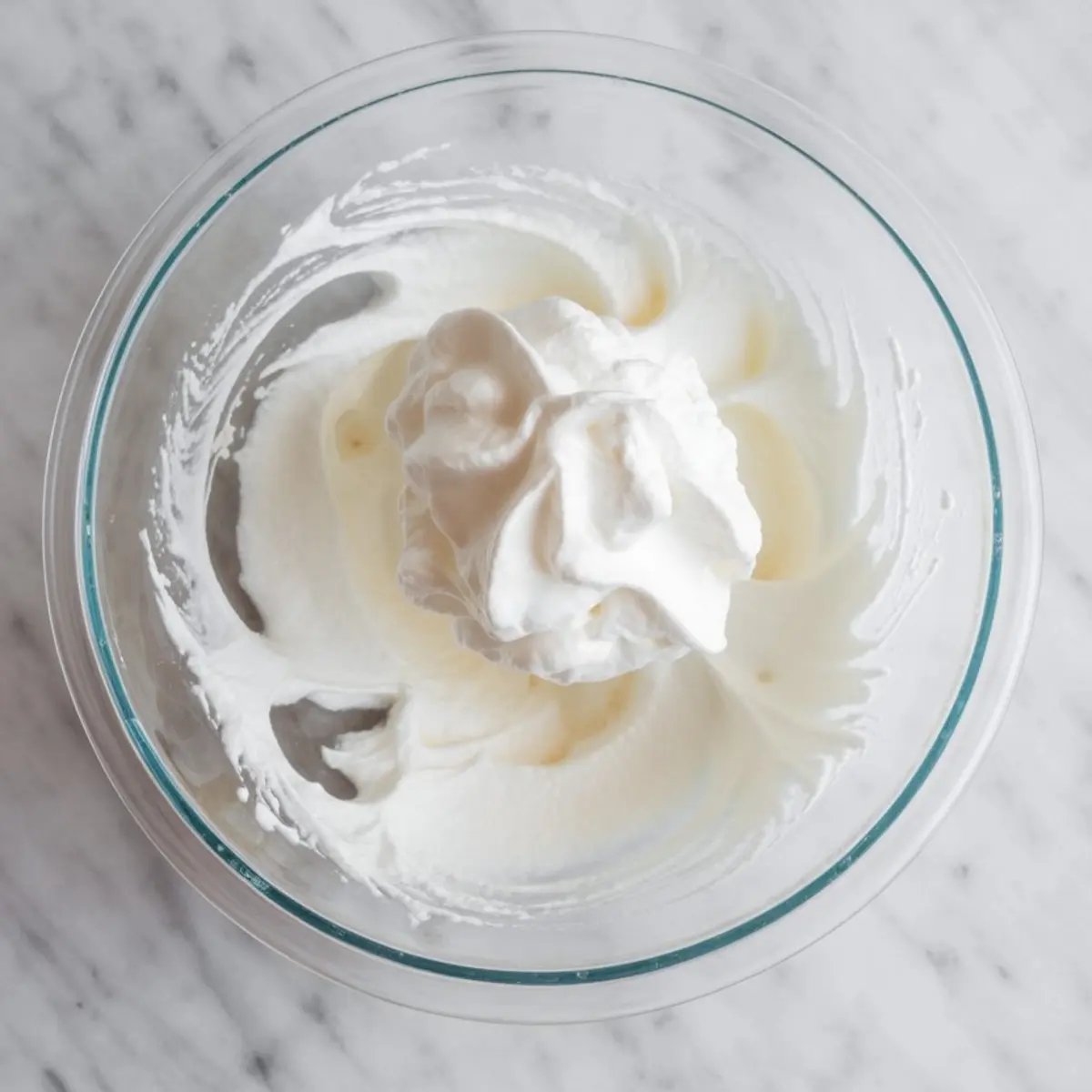 Glass bowl filled with freshly whipped cream on a marble surface, showing smooth and fluffy texture for dessert preparation or baking.