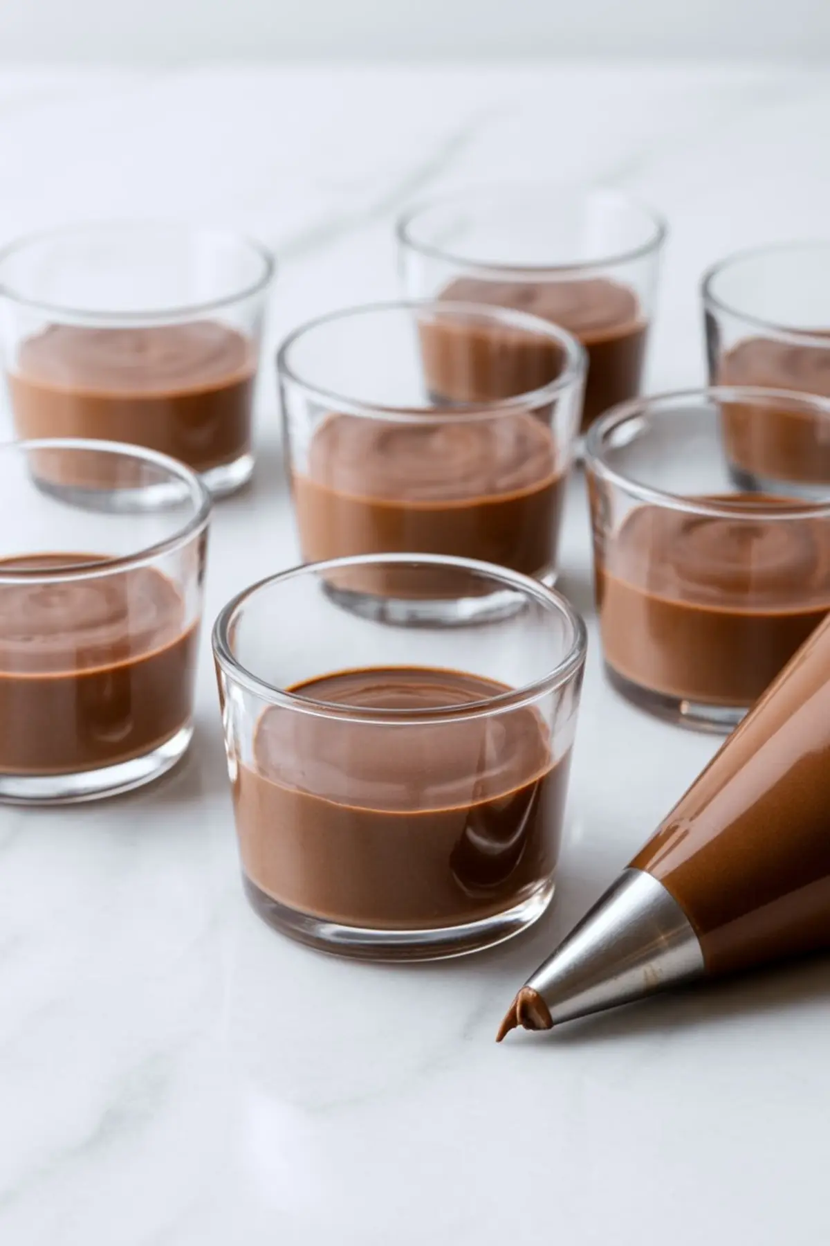Several small clear glass cups filled with silky chocolate mousse, with a piping bag in the foreground on a white marble background.