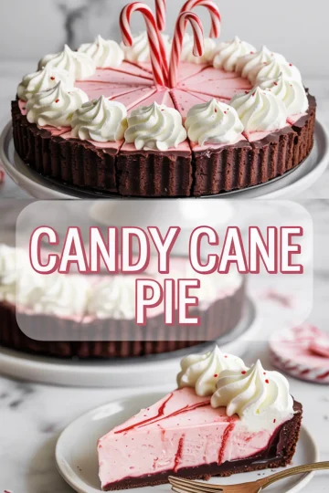 Collage image showing a full candy cane pie topped with whipped cream and candy canes, with a close-up of a slice in the bottom half, layered with chocolate crust, peppermint filling, and whipped topping, labeled “CANDY CANE PIE.”