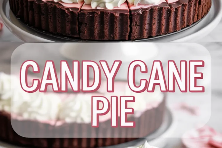 Collage image showing a full candy cane pie topped with whipped cream and candy canes, with a close-up of a slice in the bottom half, layered with chocolate crust, peppermint filling, and whipped topping, labeled “CANDY CANE PIE.”