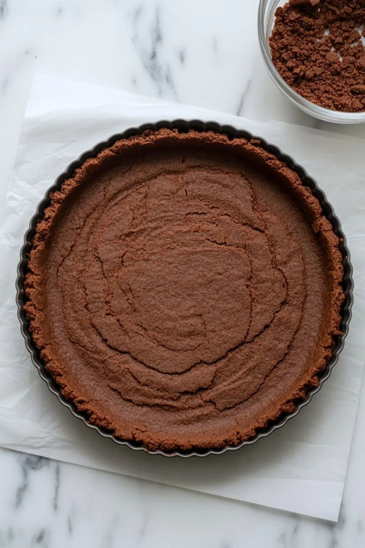 Top-down view of a chocolate cookie crust baked in a tart pan, set on white parchment paper over a marble surface.
