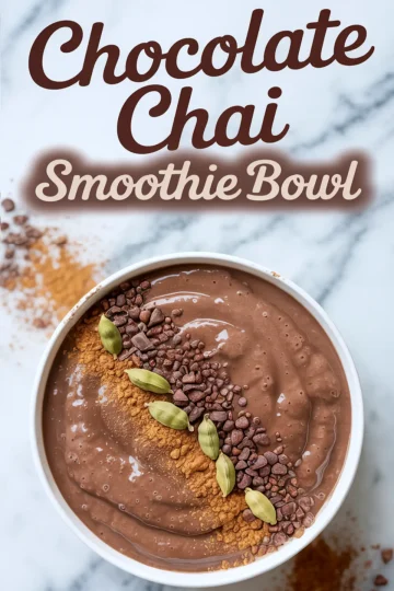 Chocolate chai smoothie bowl topped with cardamom pods, chocolate bits, and a line of ground cinnamon, with a background of scattered cinnamon powder and text overlay.