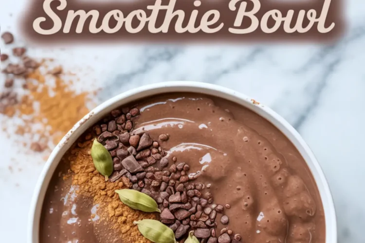 Chocolate chai smoothie bowl topped with cardamom pods, chocolate bits, and a line of ground cinnamon, with a background of scattered cinnamon powder and text overlay.
