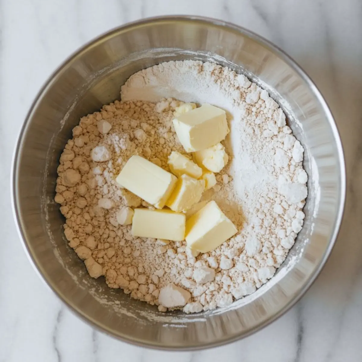 Cubed butter placed on top of flour in a stainless steel bowl, ready for mixing pastry dough.

