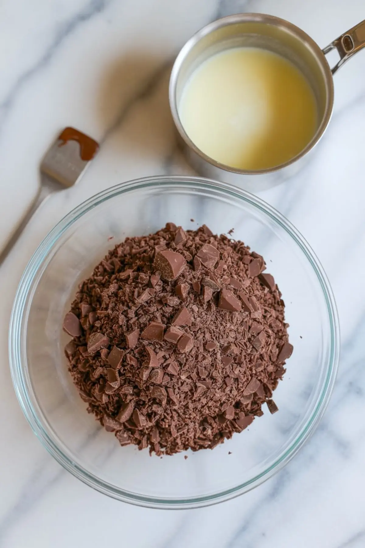 Chopped milk chocolate in a clear glass bowl next to a saucepan of warm cream, ready to make chocolate ganache.
