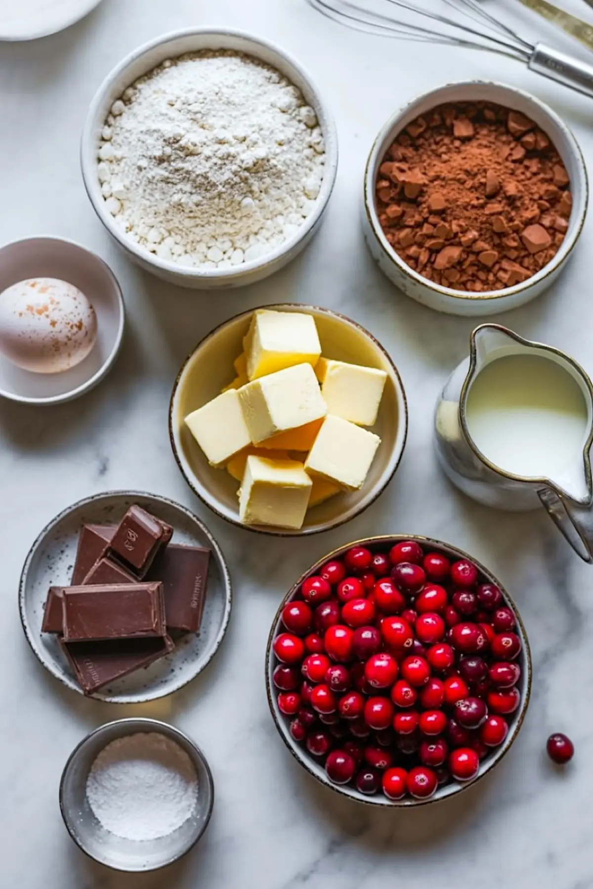 Flat lay of baking ingredients including flour, cocoa powder, milk, eggs, butter, chocolate, and a bowl of fresh cranberries.
