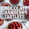 Pinterest graphic featuring chocolate cranberry tartlets, showing multiple ganache-filled tarts topped with cranberries above bold title text, with a close-up tart on a white round plate below.