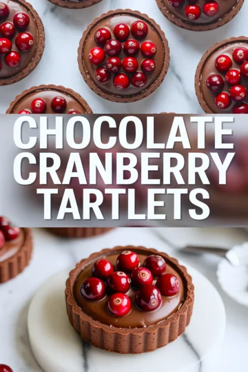 Pinterest graphic featuring chocolate cranberry tartlets, showing multiple ganache-filled tarts topped with cranberries above bold title text, with a close-up tart on a white round plate below.