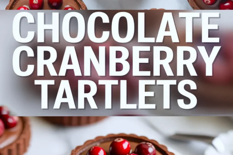 Pinterest graphic featuring chocolate cranberry tartlets, showing multiple ganache-filled tarts topped with cranberries above bold title text, with a close-up tart on a white round plate below.