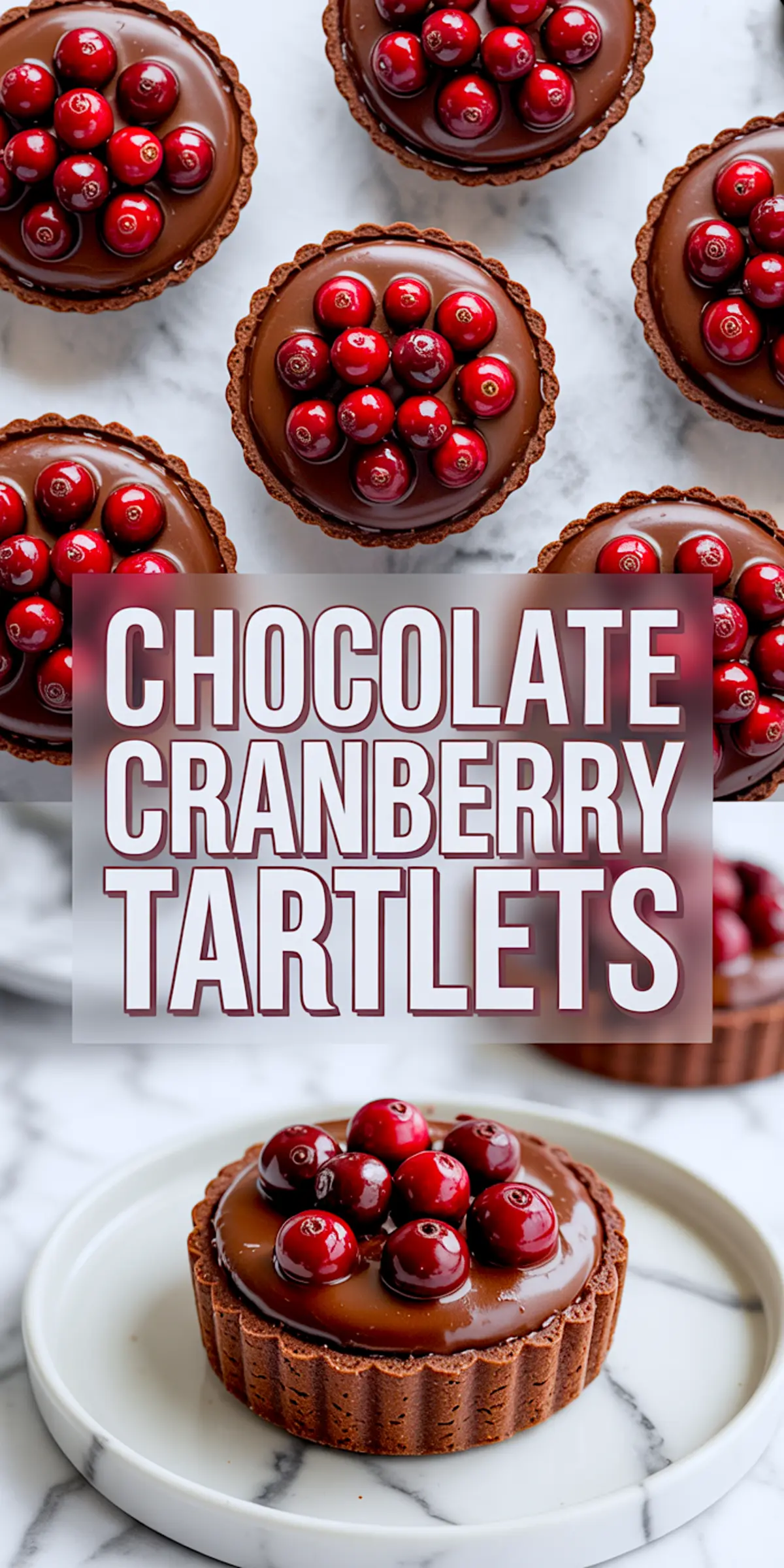 Tall Pinterest collage showcasing rich chocolate cranberry tartlets from top view above a bold text overlay and a single tartlet on a white plate below.
