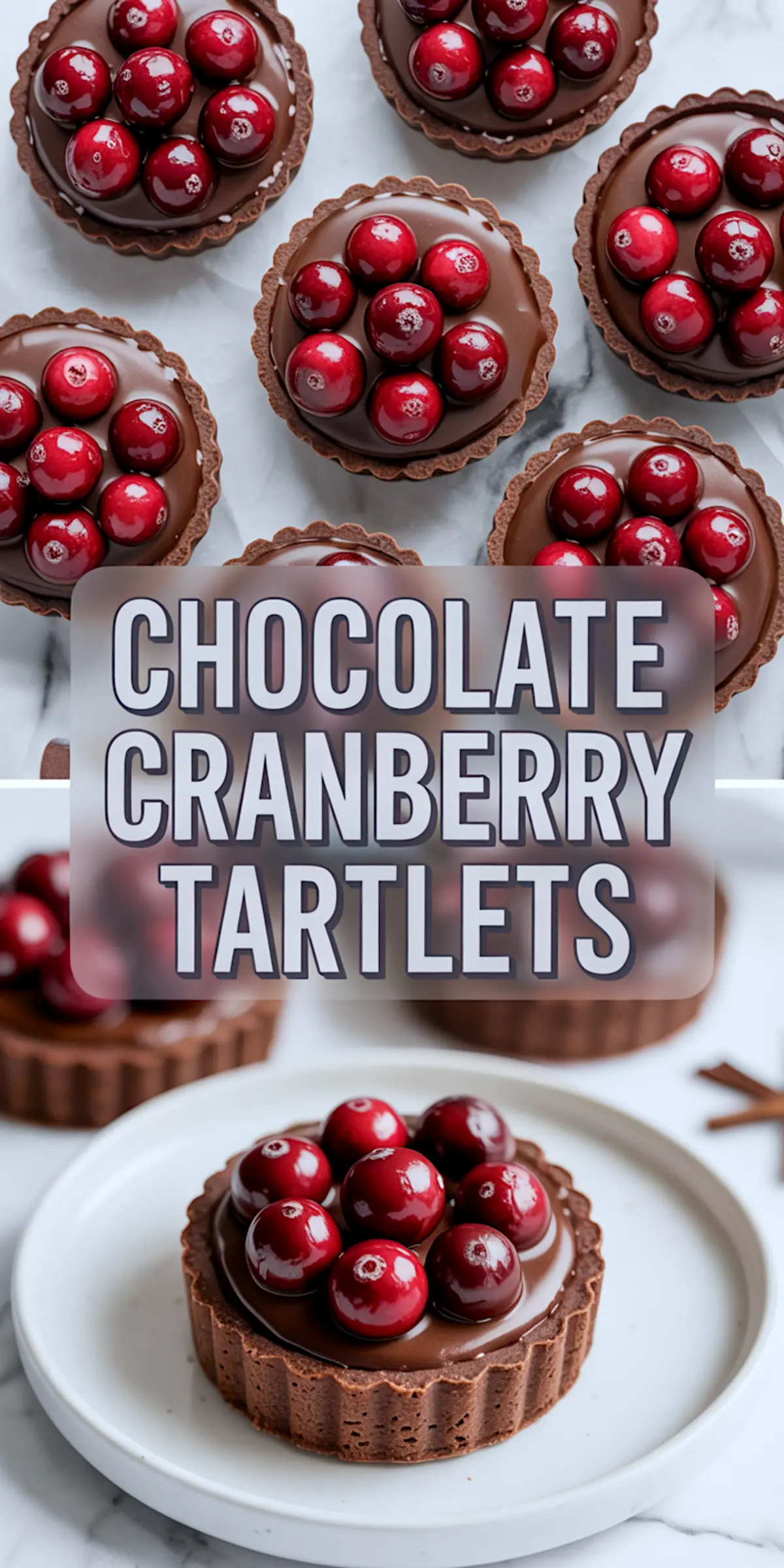 Pinterest-optimized vertical graphic with chocolate cranberry tartlets on top and bottom, centered around a bold title overlay for easy pinning.

