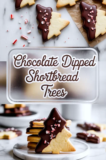 Vertical collage showing festive chocolate-dipped shortbread tree cookies on a marble surface, a stack of cookies on a white plate, and a center label with “Chocolate Dipped Shortbread Trees,” created as a holiday-themed Pinterest pin.
