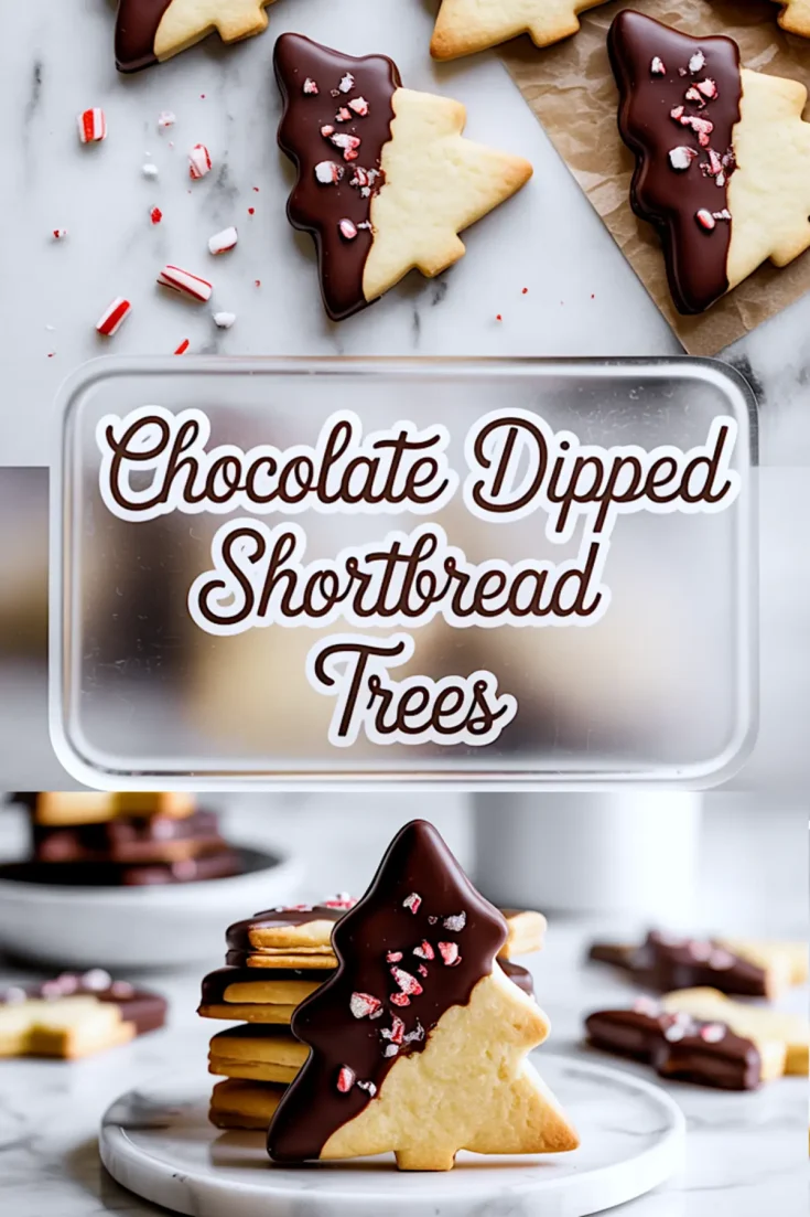 Vertical collage showing festive chocolate-dipped shortbread tree cookies on a marble surface, a stack of cookies on a white plate, and a center label with “Chocolate Dipped Shortbread Trees,” created as a holiday-themed Pinterest pin.