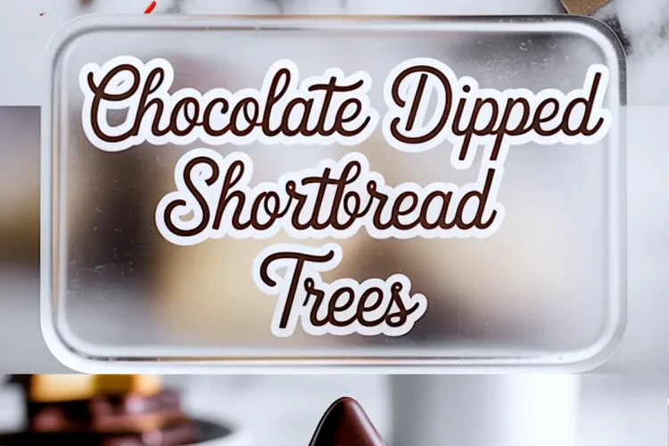 Vertical collage showing festive chocolate-dipped shortbread tree cookies on a marble surface, a stack of cookies on a white plate, and a center label with “Chocolate Dipped Shortbread Trees,” created as a holiday-themed Pinterest pin.