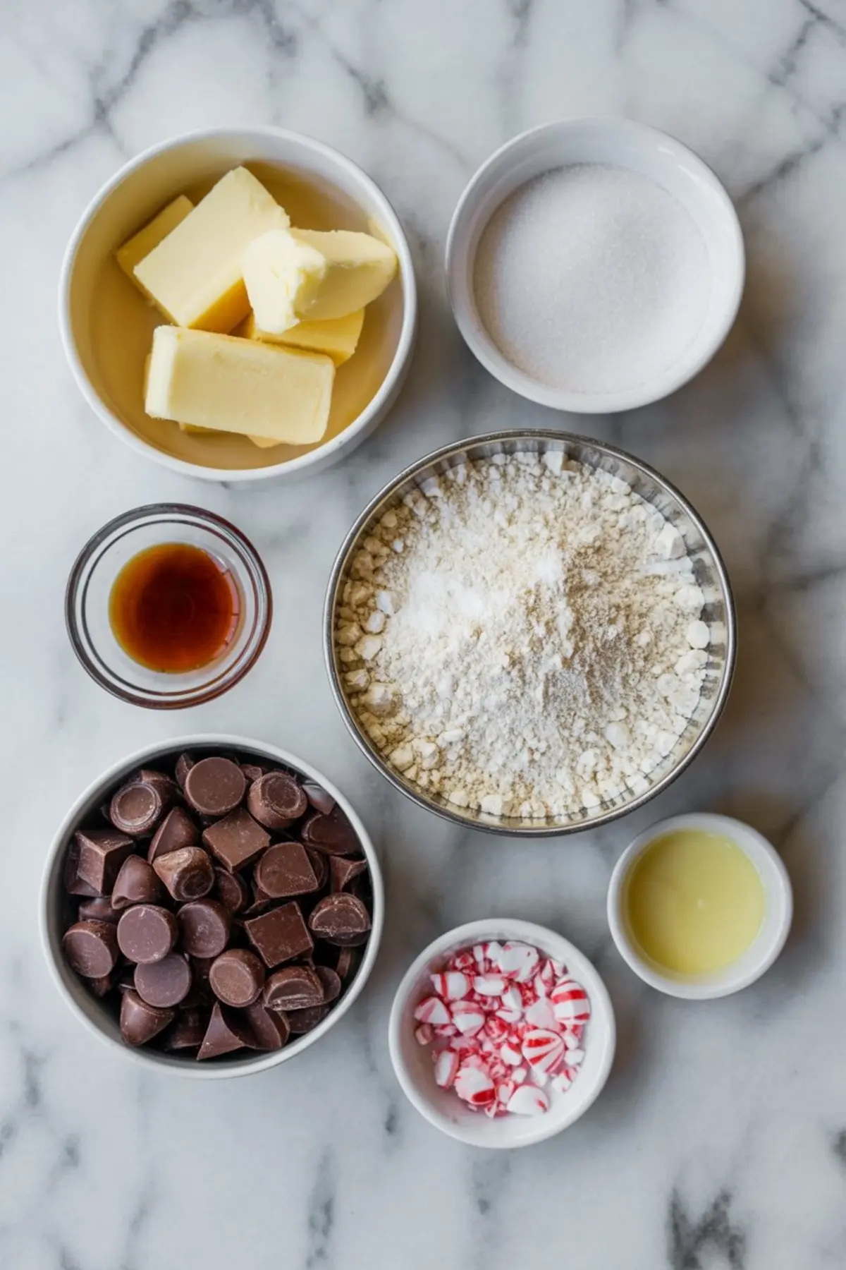 Top-down view of baking ingredients in small bowls on a marble surface, including butter, sugar, flour, vanilla extract, chopped chocolate, crushed peppermint, and a light yellow liquid, prepared for holiday cookie making.
