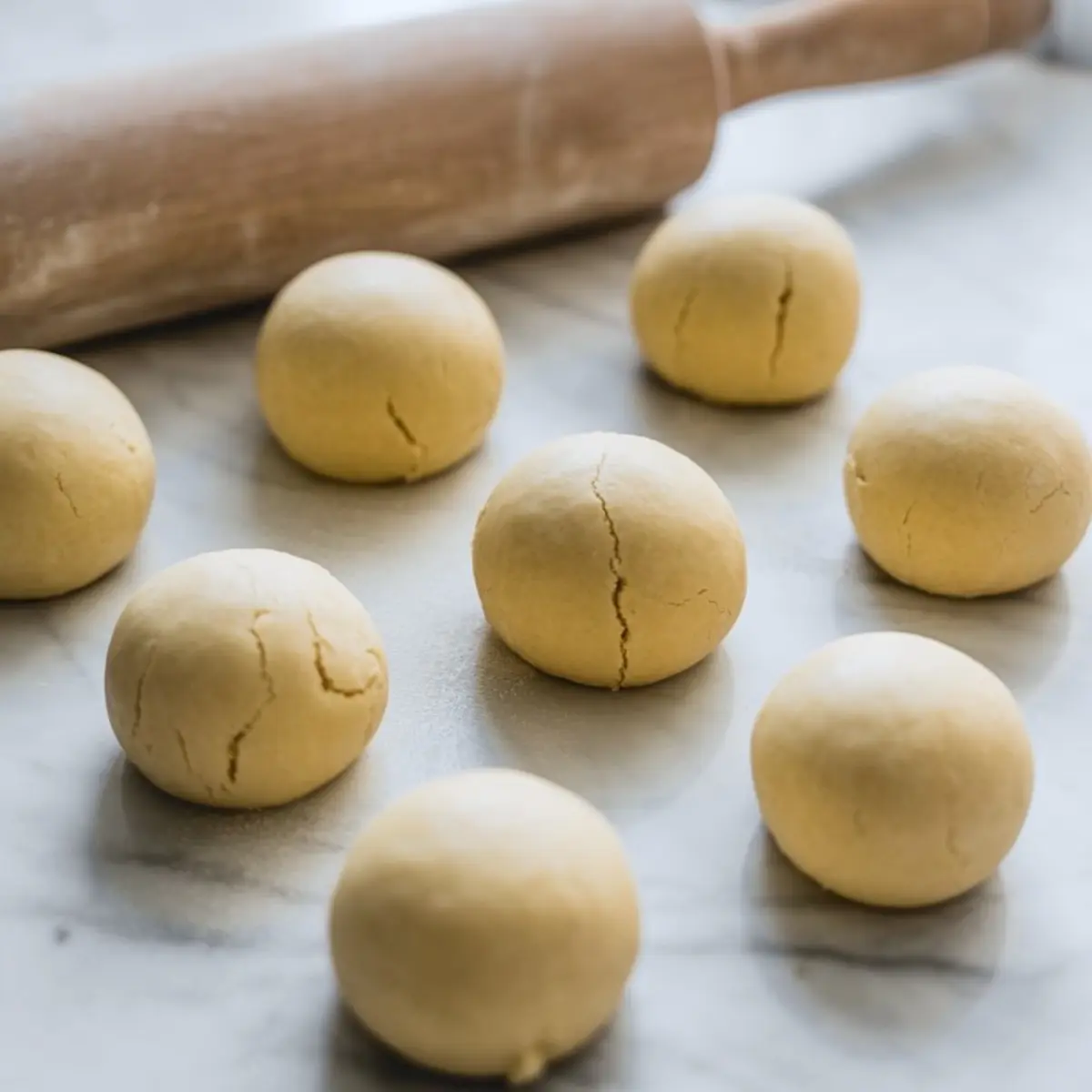 Round dough balls resting on a marble surface beside a wooden rolling pin, ready to be flattened for baking cookies.
