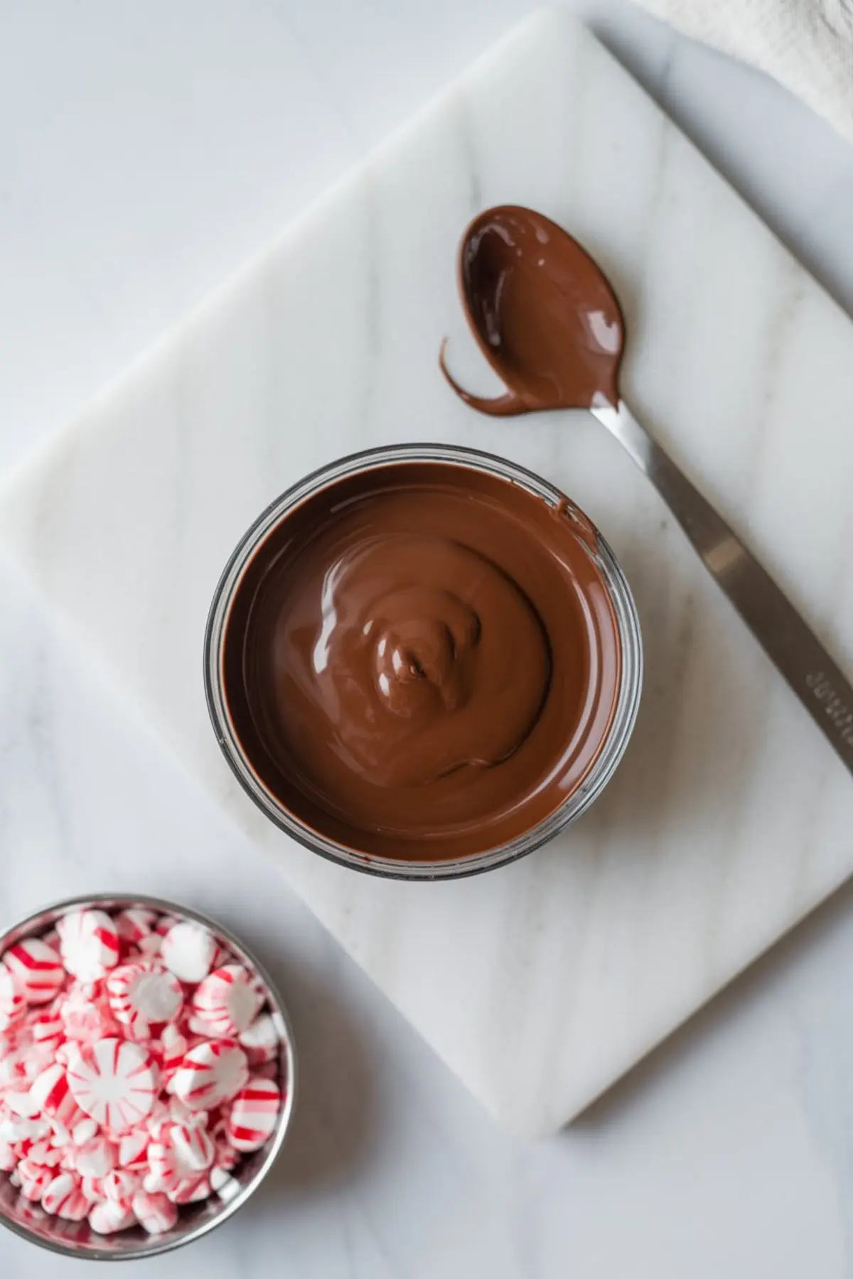 Melted milk chocolate in a metal bowl with a spoon, next to a bowl of red and white peppermint candies, styled on a white marble slab for festive cookie decoration.
