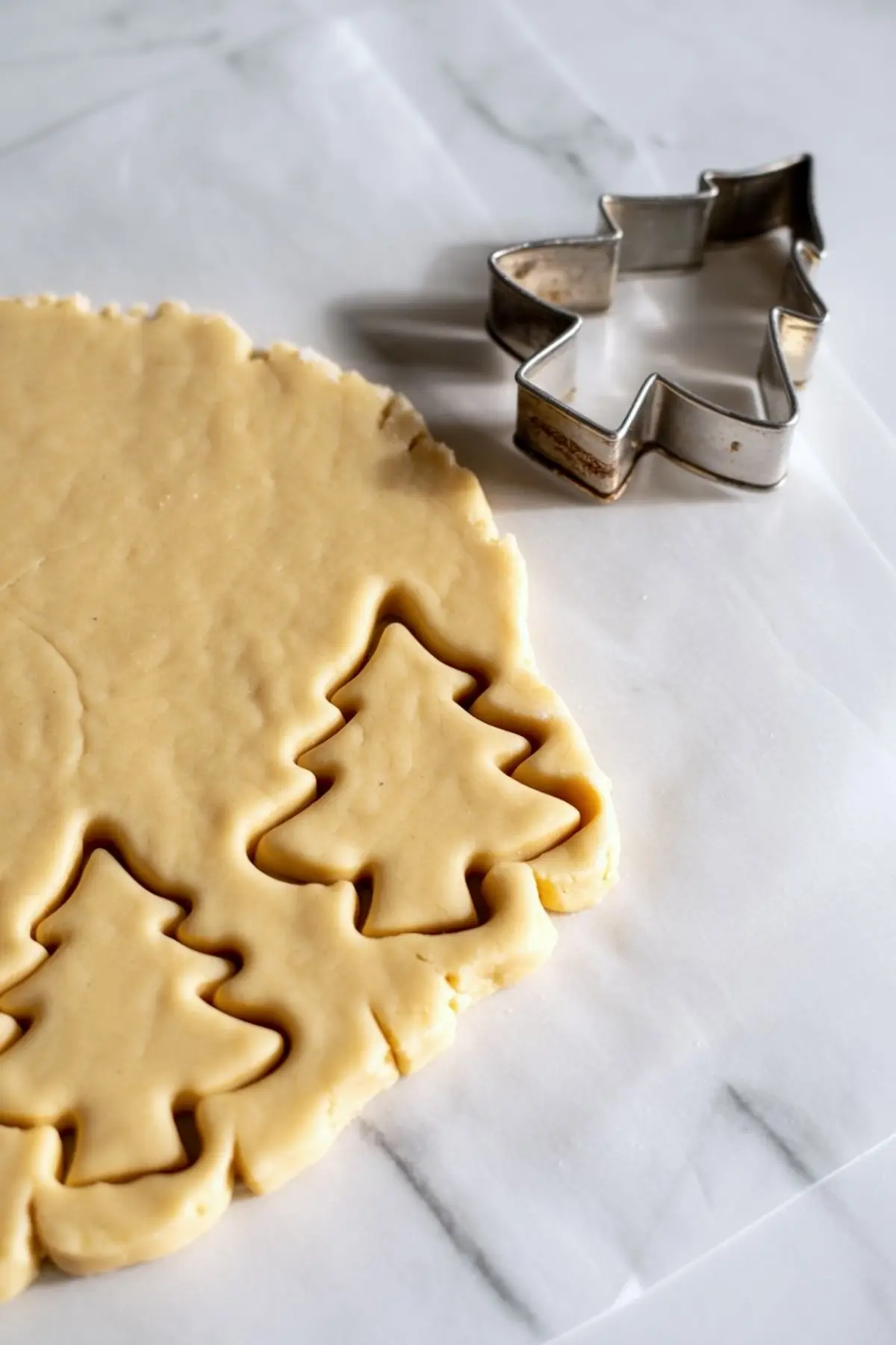Rolled-out cookie dough with Christmas tree shapes cut using a metal cookie cutter, placed on white parchment over a marble background.
