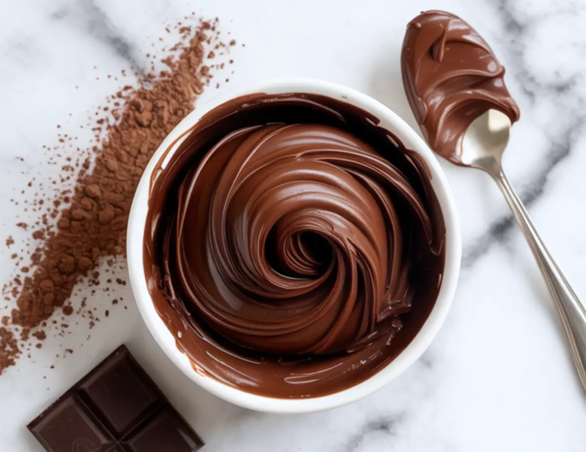 Close-up of a bowl of chocolate fudge frosting with a shiny swirl, placed next to cocoa powder, a spoon with frosting, and a square of chocolate on a marble surface.