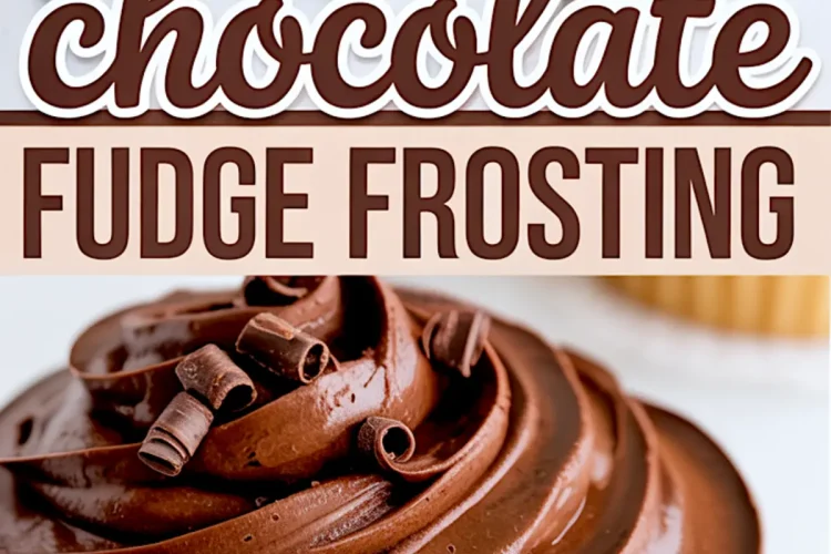 Collage featuring chocolate fudge frosting in a bowl with chocolate curls on top, and a vanilla cupcake frosted with a glossy swirl and topped with more curls, styled with a spoon and scattered chocolate curls.