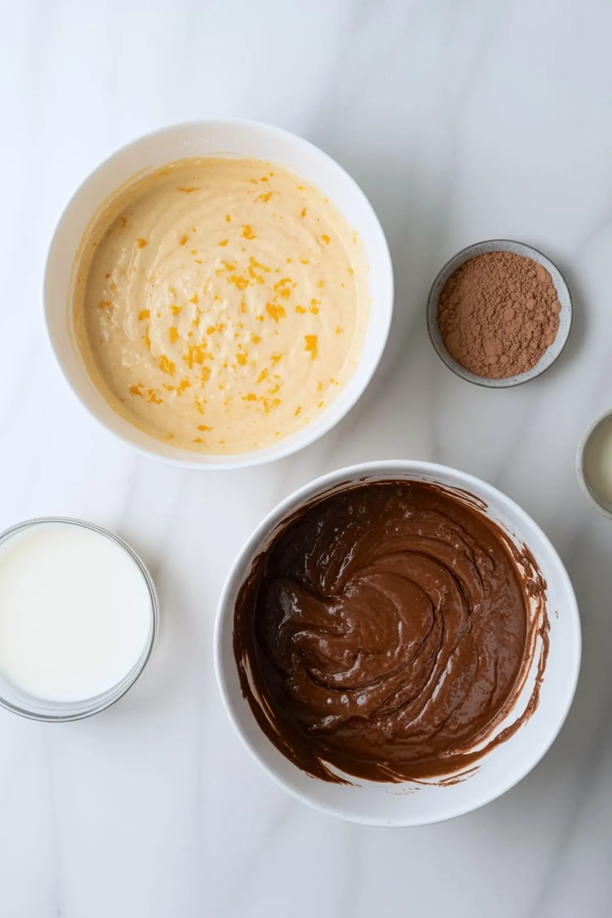Two mixing bowls filled with orange zest-speckled vanilla batter and rich chocolate batter, surrounded by ingredients like cocoa powder, milk, and cream on a white counter.
