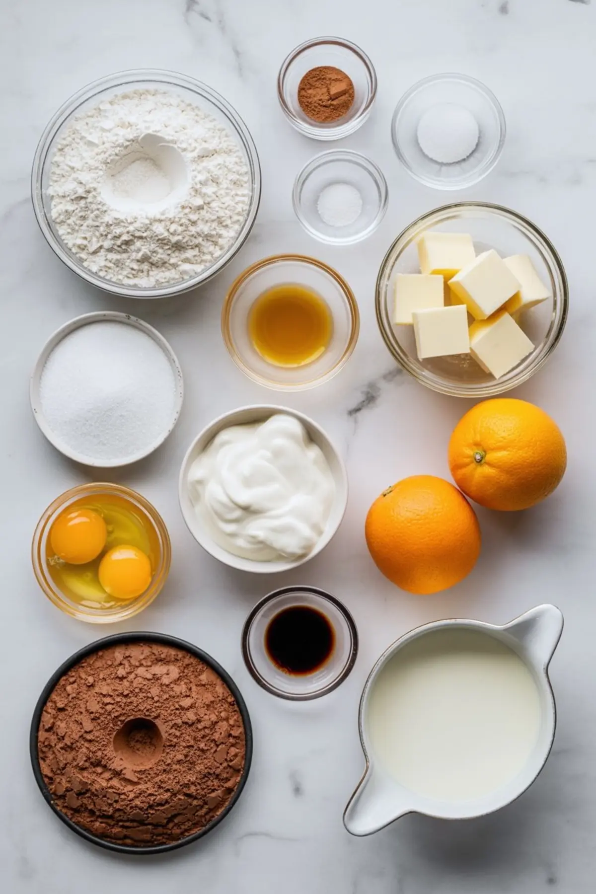 Flat lay of chocolate orange Bundt cake ingredients including flour, cocoa powder, sugar, butter cubes, eggs, vanilla extract, sour cream, milk, whole oranges, and spices in clear bowls.

