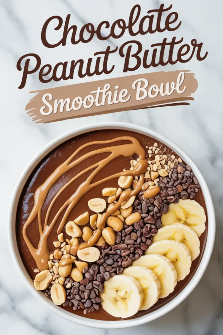 Smooth chocolate peanut butter smoothie bowl topped with banana slices, chopped peanuts, mini chocolate chips, and a thick swirl of creamy peanut butter, placed on a marble countertop.