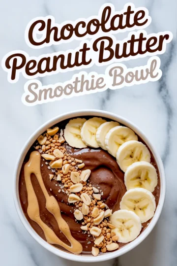 Flat lay of a rich chocolate smoothie base being poured from a blender into a white ceramic bowl, creating a smooth ripple effect.