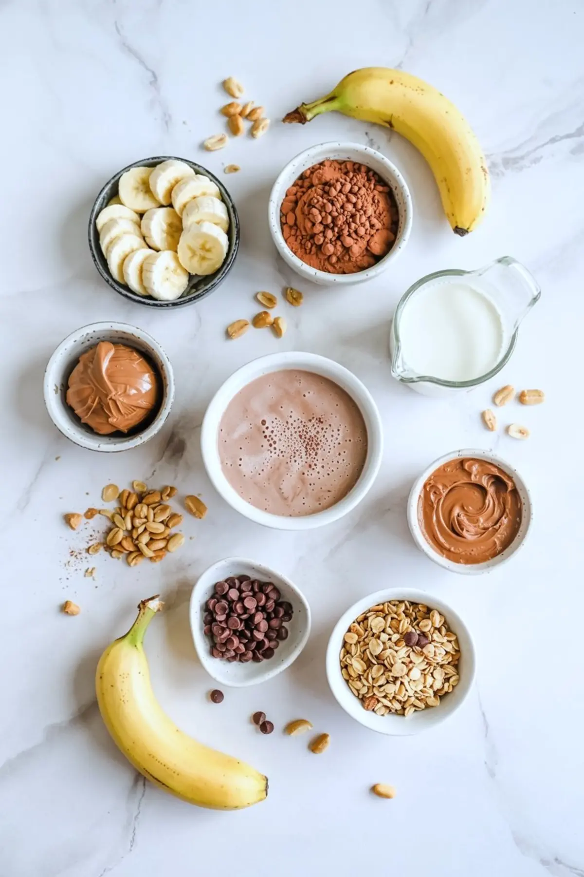 Flat lay of chocolate peanut butter smoothie bowl ingredients including sliced bananas, cocoa powder, peanut butter, milk, granola, chocolate chips, and whole peanuts arranged on a white marble surface.
