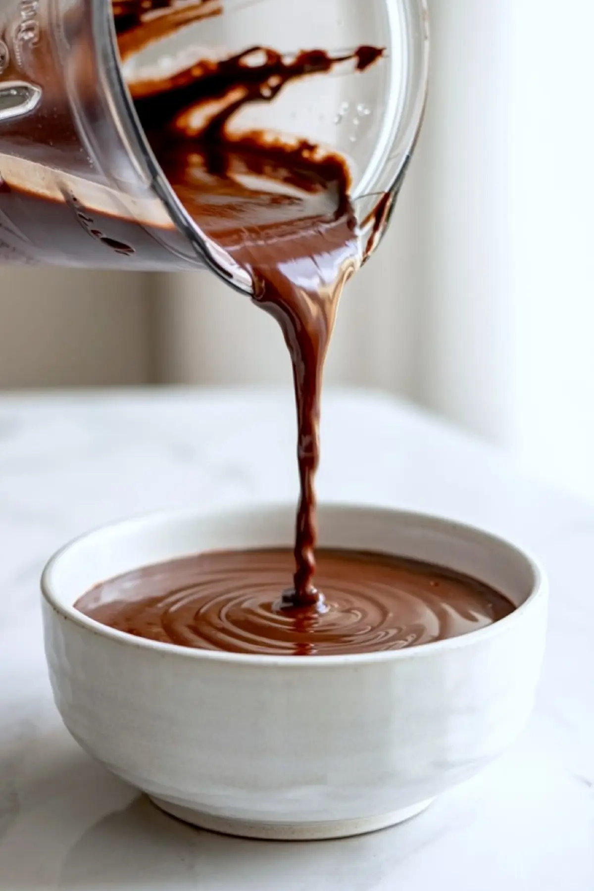Thick chocolate smoothie being poured from a blender into a white bowl, showcasing the smooth and creamy texture of the chocolate base against a soft marble backdrop.
