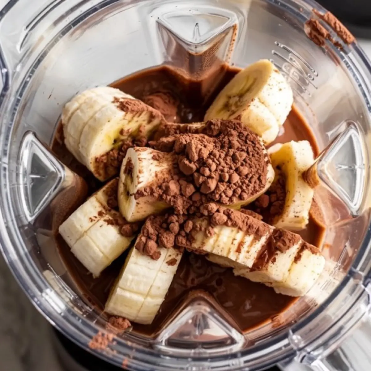 Blender filled with sliced bananas, cocoa powder, and chocolate liquid base, showing the key ingredients before blending for a chocolate peanut butter smoothie bowl.
