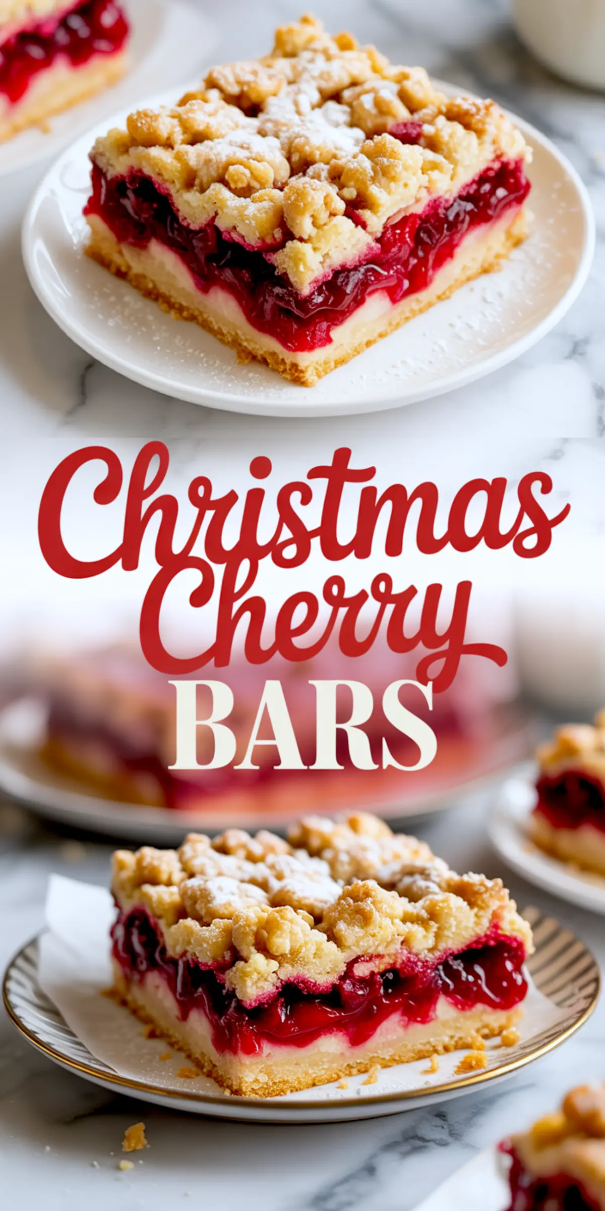 Christmas cherry crumb bar on a white plate, featuring layers of buttery crust, sweet cream cheese, vibrant cherry filling, and golden crumble topping dusted with powdered sugar.