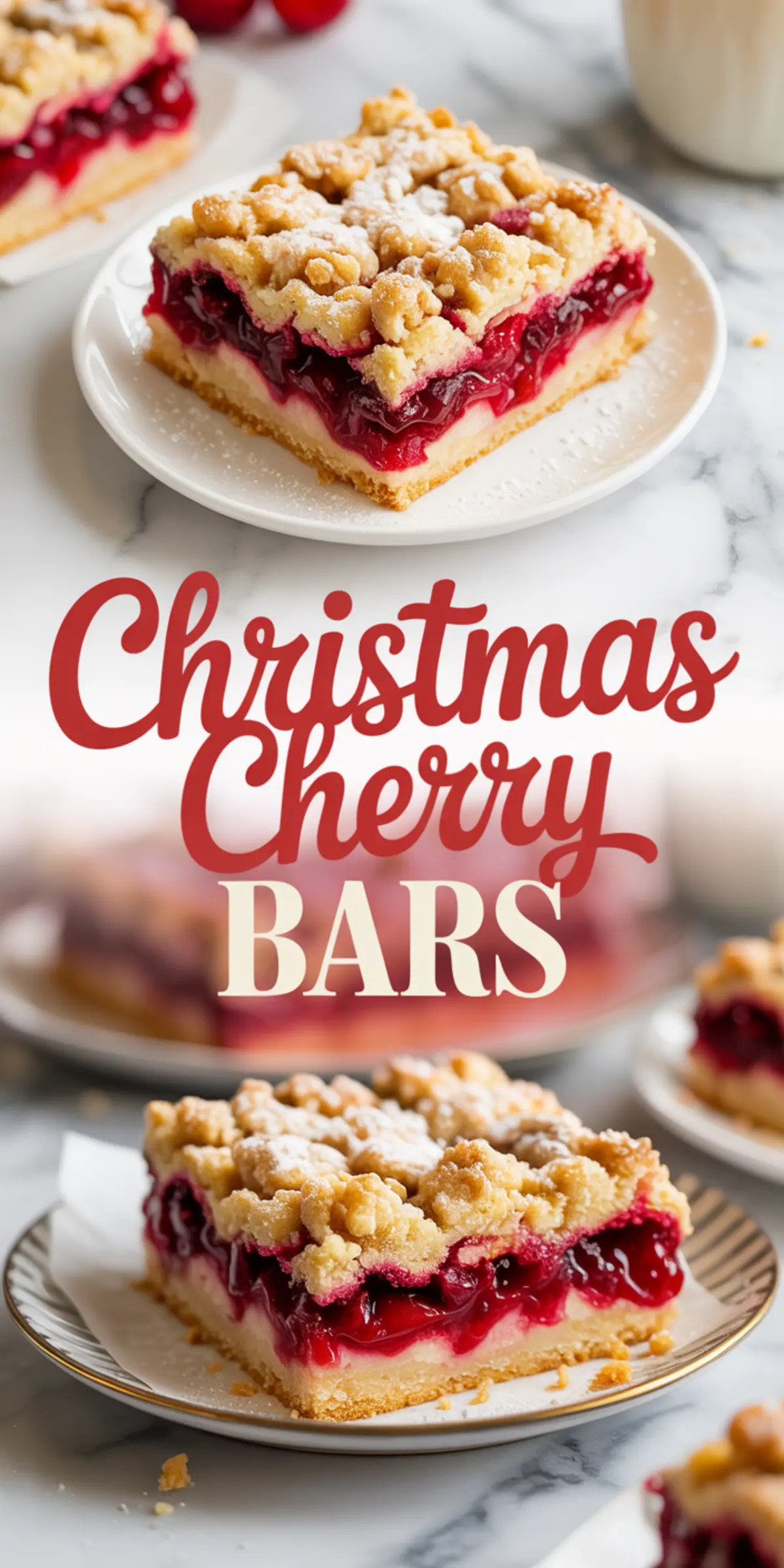 Close-up of a Christmas cherry bar slice with layers of cherry pie filling, creamy center, and crumbly topping, styled on a white plate with bold red lettering reading “Christmas Cherry Bars.”