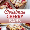 Collage image featuring overhead and close-up views of Christmas cherry bars, with red and cream typography overlay reading “Christmas Cherry Bars,” showcasing festive dessert presentation.