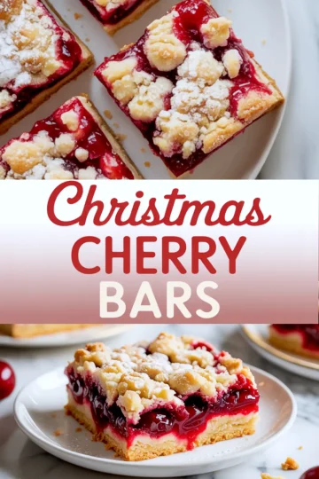 Collage image featuring overhead and close-up views of Christmas cherry bars, with red and cream typography overlay reading “Christmas Cherry Bars,” showcasing festive dessert presentation.