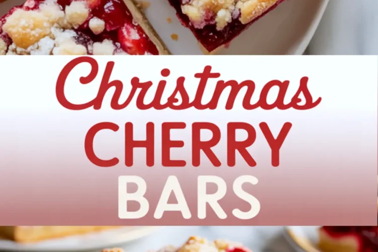 Collage image featuring overhead and close-up views of Christmas cherry bars, with red and cream typography overlay reading “Christmas Cherry Bars,” showcasing festive dessert presentation.