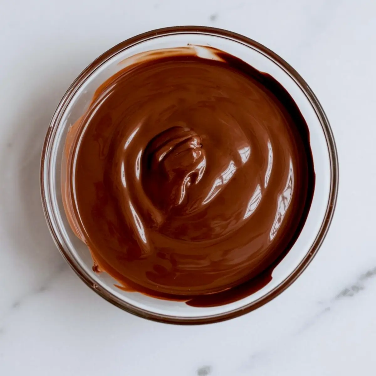 Glass bowl filled with smooth, glossy melted chocolate on a white marble surface.
