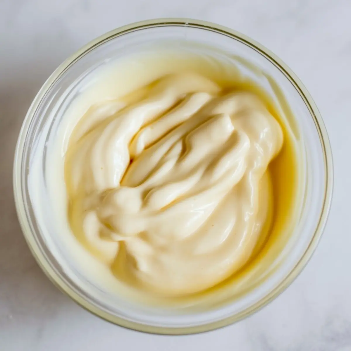 Glass bowl holding creamy, pale yellow melted white chocolate on a marble countertop.
