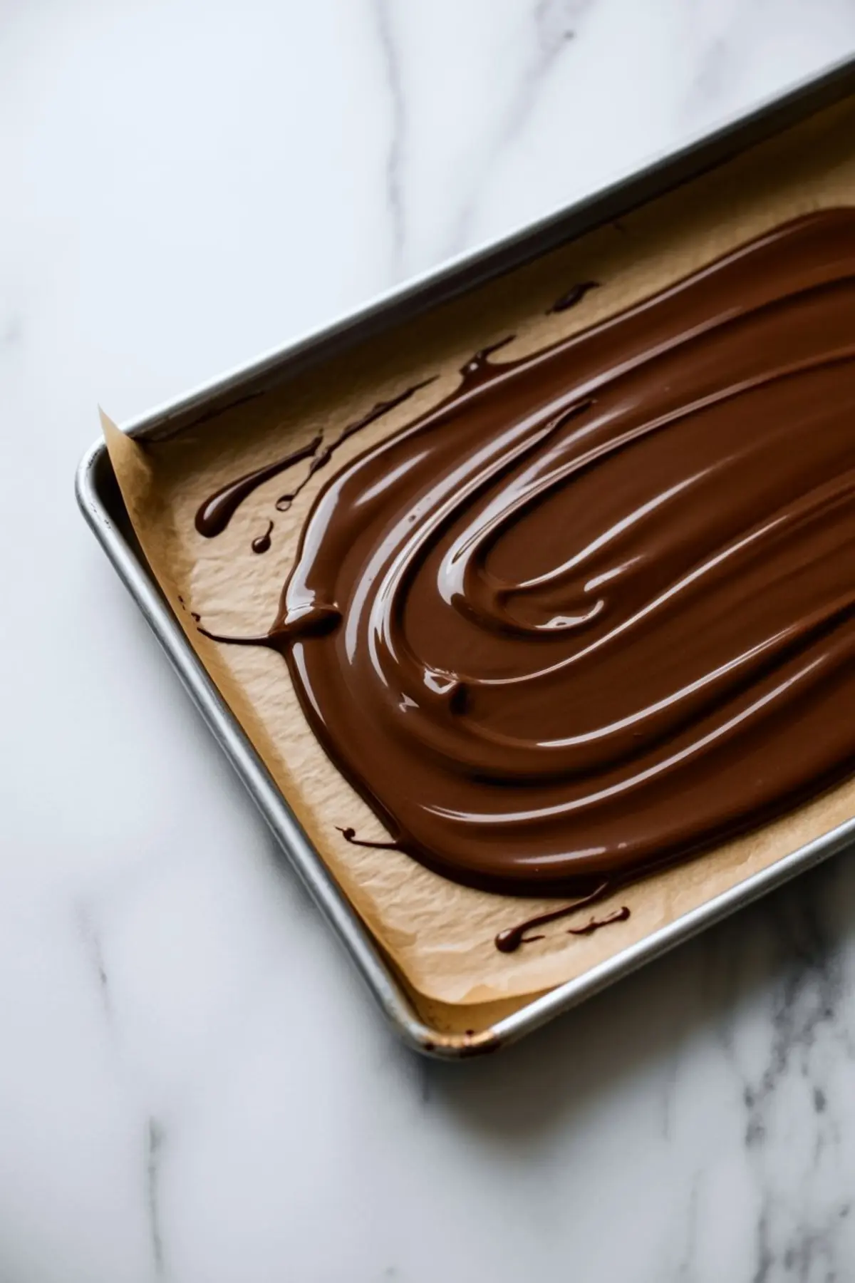 Baking tray lined with parchment paper spread with swirls of melted chocolate on a white marble background.

