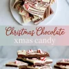 Collage featuring peppermint bark with decorative swirls of dark and white chocolate, topped with crushed peppermint candies, arranged on a plate with a festive text overlay.