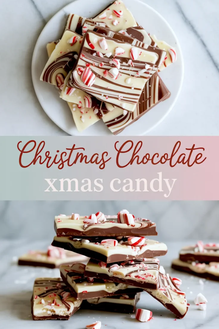 Collage featuring peppermint bark with decorative swirls of dark and white chocolate, topped with crushed peppermint candies, arranged on a plate with a festive text overlay.