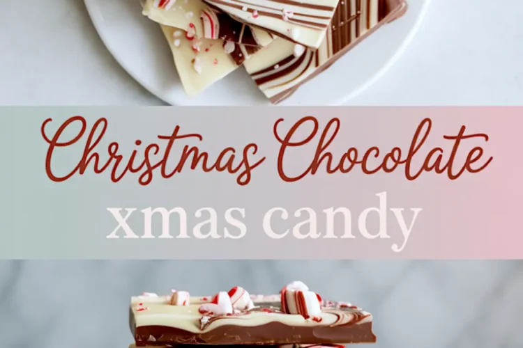 Collage featuring peppermint bark with decorative swirls of dark and white chocolate, topped with crushed peppermint candies, arranged on a plate with a festive text overlay.