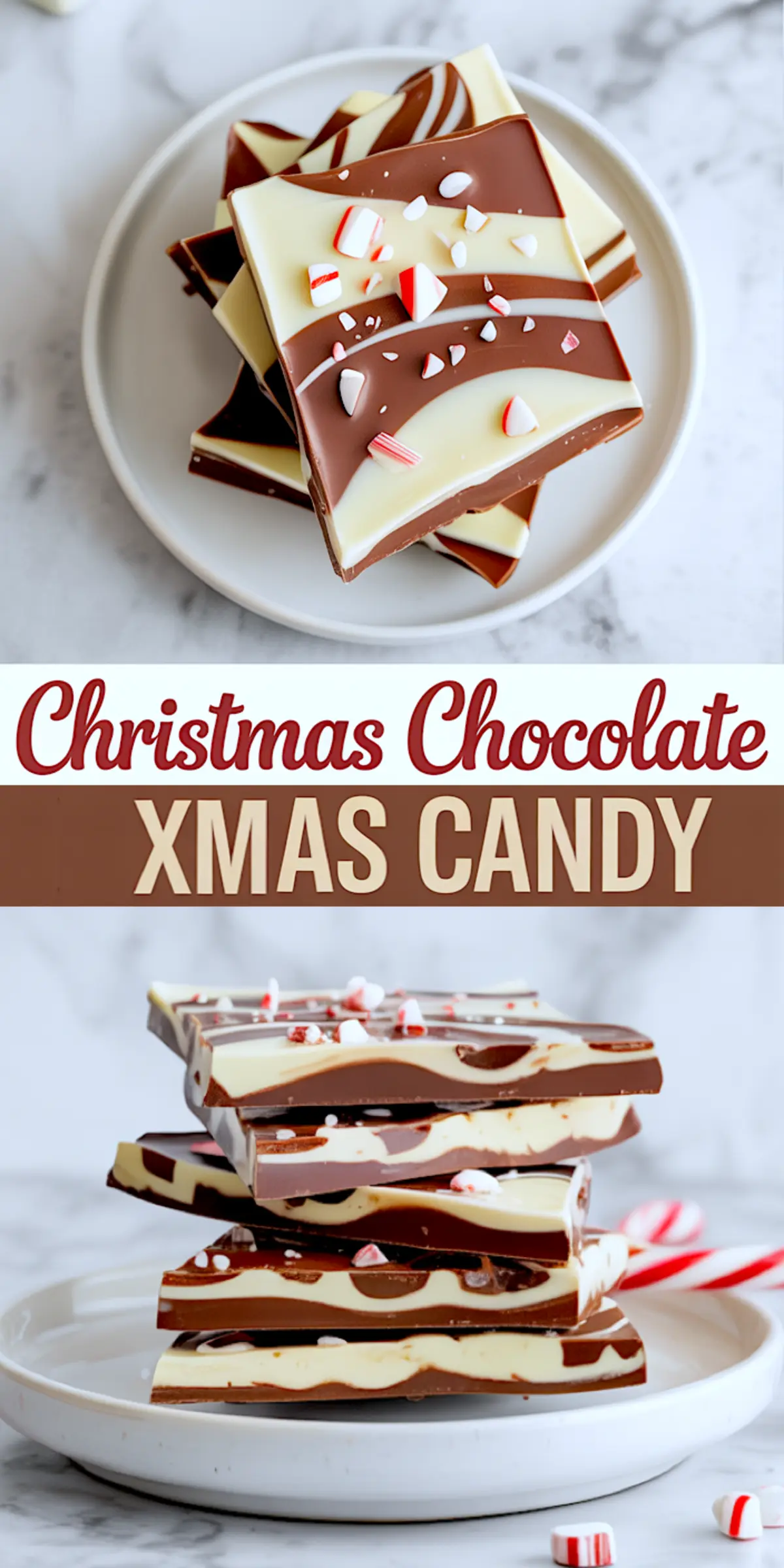 Collage showing stacked peppermint bark with swirled milk and white chocolate layers topped with crushed candy canes, displayed on a white plate with Christmas-themed text overlay.
